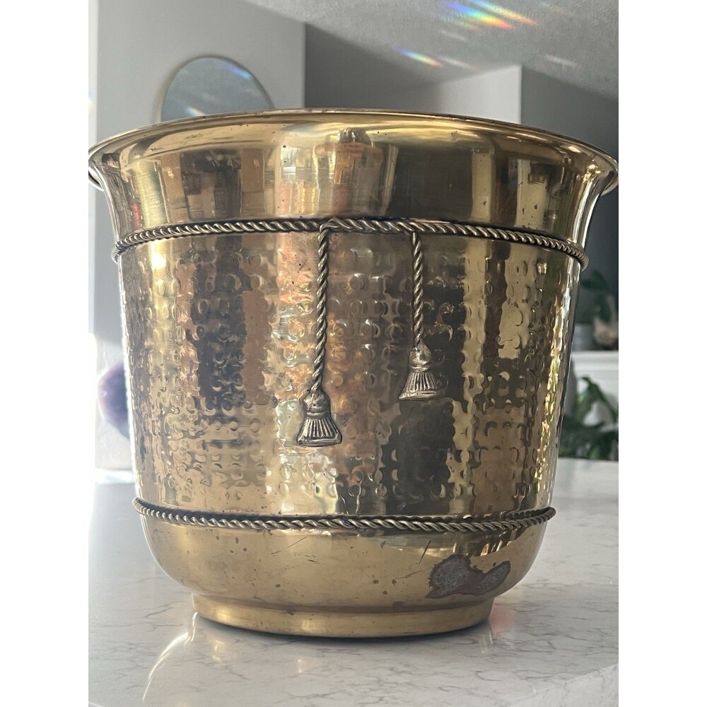 Vintage Brass Planter 12” Hammered India Rope Tassel Large Cachepot Boho Decor